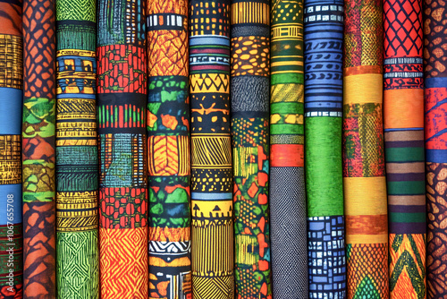 Vibrant textile patterns inspired by African kente cloth, featuring geometric designs and bold colors