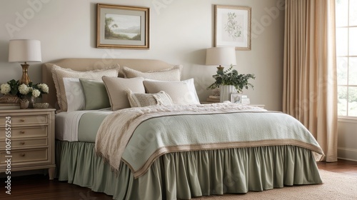 A Luxurious Green and Beige Bedroom with a Ruffled Bed Skirt photo