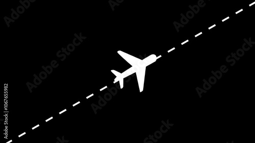 Airplane line path animation, air plane flight route with start point, Airplane Running on Dash Track with black Background. Alpha channel. Transparent background.