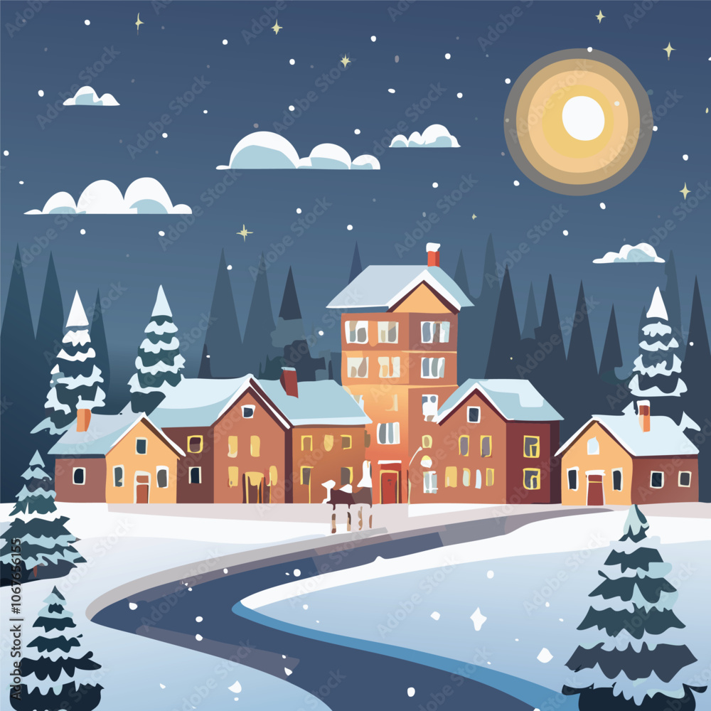 Fototapeta premium Illustration of a rural scene during winter at night
