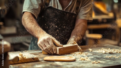 Craftsman sanding wood in a workshop with sawdust