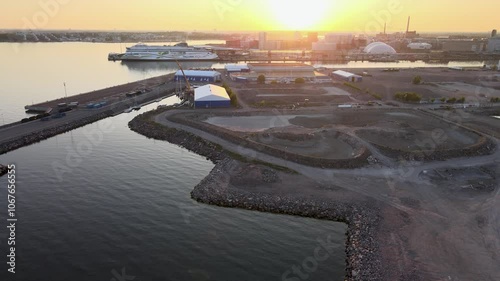 A beautiful aerial view at sunset in the Jätkäsaari district of Helsinki, Finland. Länsiterminaali 2 primarily serves ferry connections between Helsinki and Tallinn. photo