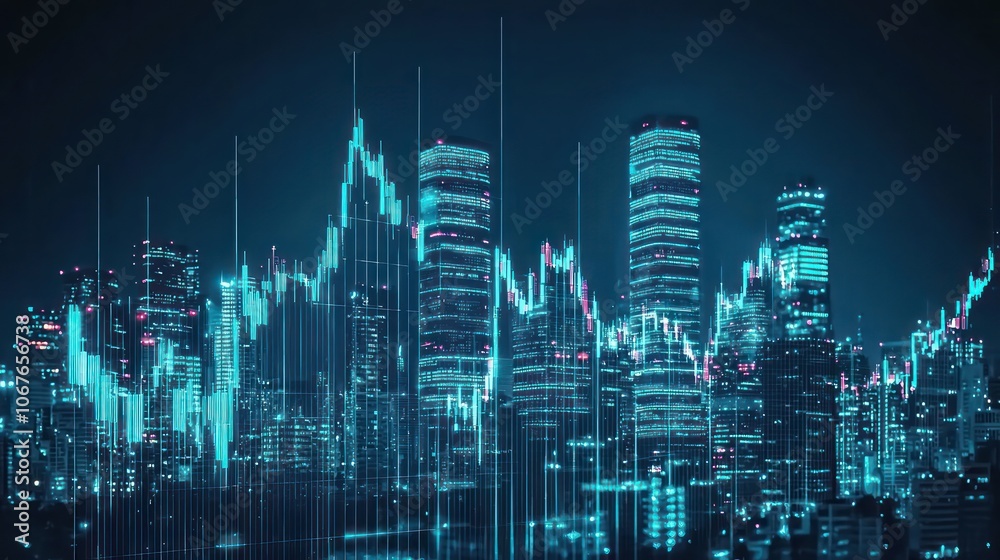 Forex chart and big data over a city backdrop, representing trade and technology Forex chart and big data over a city backdrop, representing trade and technology