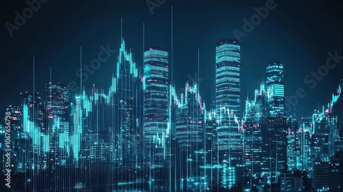 Forex chart and big data over a city backdrop, representing trade and technology