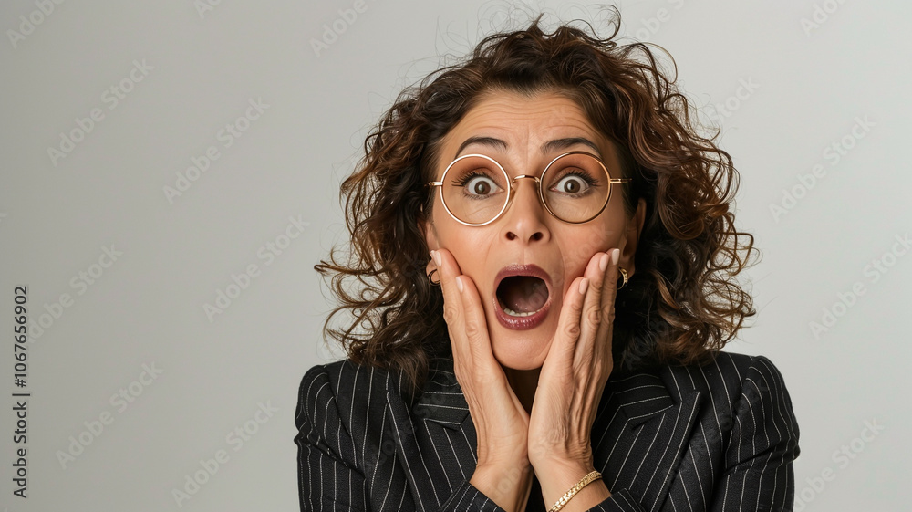 A surprised woman in round glasses and striped blazer with wide eyes and hands on cheeks, capturing a look of shock and astonishment, ideal for emotional scenes A surprised woman in round glasses and striped blazer with wide eyes and hands on cheeks, capturing a look of shock and astonishment, ideal for emotional scenes