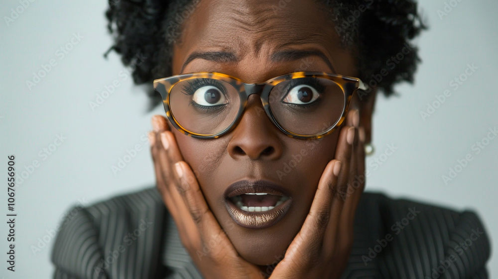 Close-up of a shocked woman in tortoiseshell glasses, with wide eyes and hands on cheeks, conveying surprise and disbelief. Perfect for emotional reactions and dramatic scenes Close-up of a shocked woman in tortoiseshell glasses, with wide eyes and hands on cheeks, conveying surprise and disbelief. Perfect for emotional reactions and dramatic scenes
