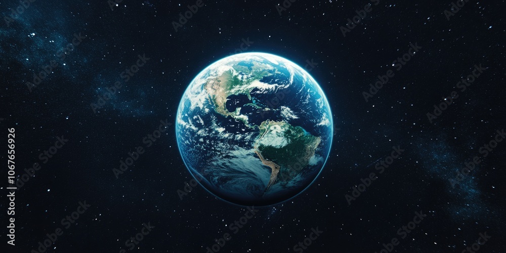 Obraz premium Large blue and white planet in the middle of a dark sky. The planet is surrounded by a lot of stars