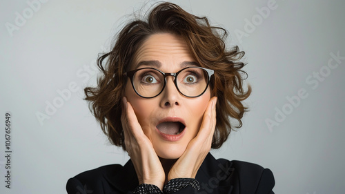 Middle-aged woman with short, wavy hair and large round glasses, expressing a shocked and surprised look with hands on her cheeks, creating a dramatic and engaging visual