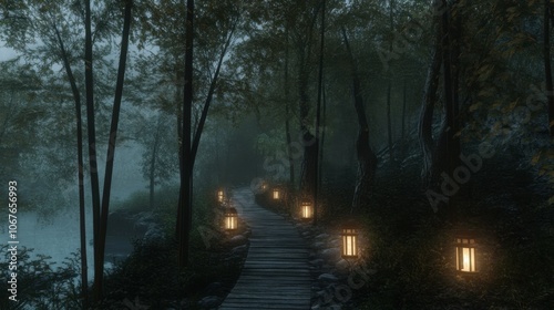 Serene Pathway with Lanterns in Foggy Forest