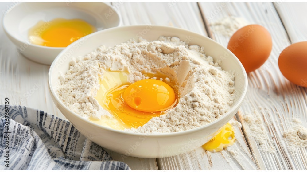 Bowl of flour and eggs with a yolk in the middle. The bowl is on a wooden table Bowl of flour and eggs with a yolk in the middle. The bowl is on a wooden table