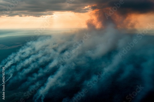 Smoke billows into the sky during a dramatic sunset over a vast landscape. Generative AI