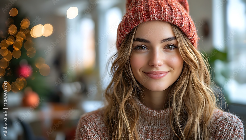 A joyful portrait a young professional wearing a festive hat, working in a vibrant office decorated for the holidays. A joyful portrait a young professional wearing a festive hat, working in a vibrant office decorated for the holidays.