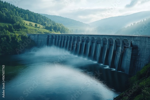 A serene view of a dam surrounded by mountains and mist in the early morning light photo