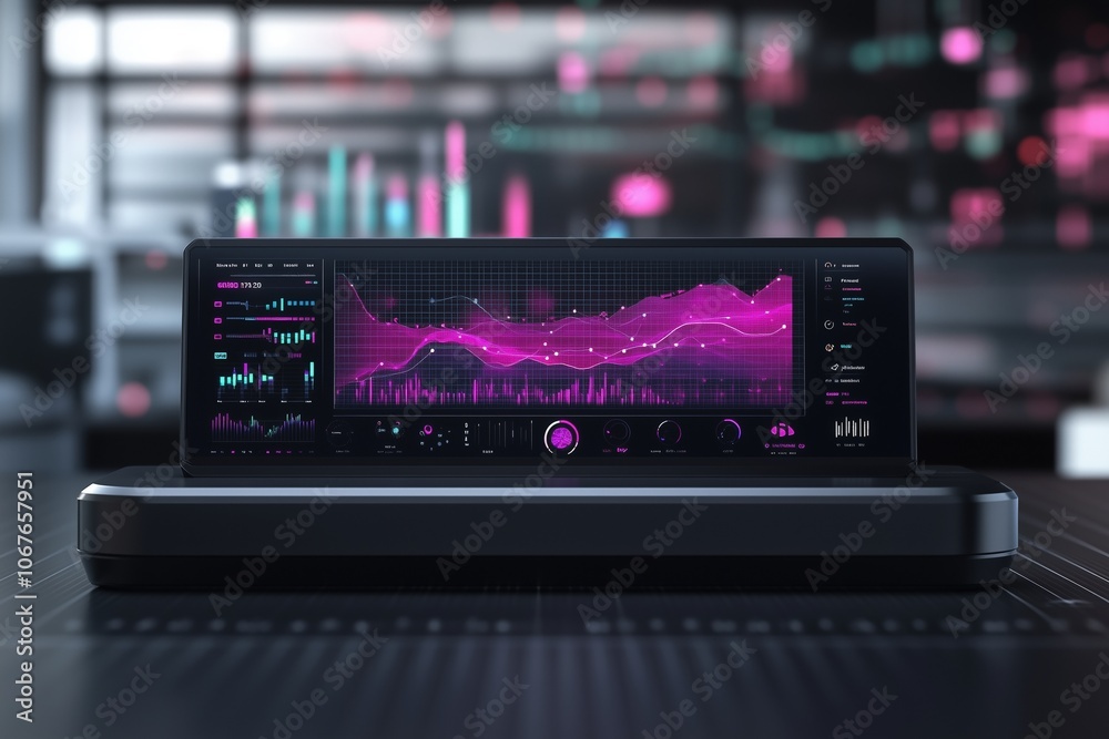 Futuristic data visualization on digital screen in modern tech workspace, with purple and pink graphs