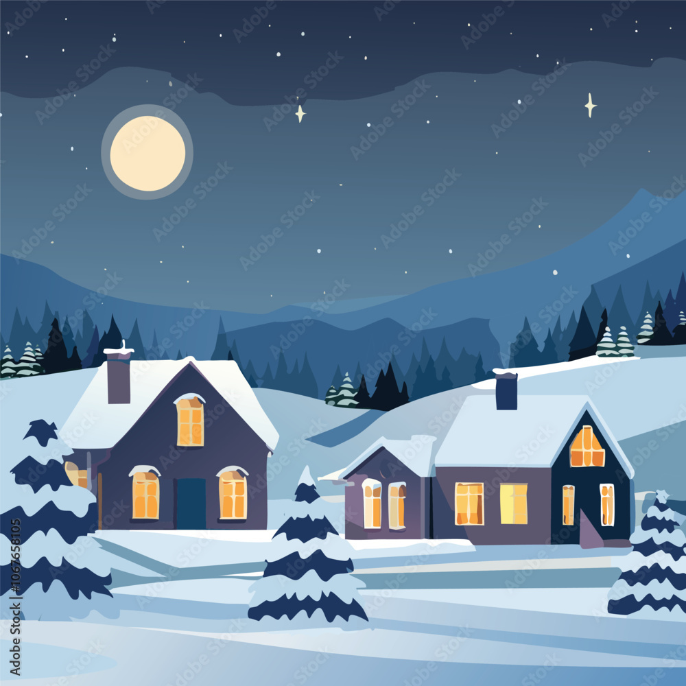 Fototapeta premium Illustration of a rural scene during winter at night