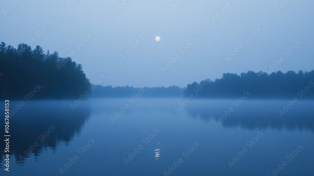 Tranquil Misty Lake at Dawn with Rising Moon Tranquil Misty Lake at Dawn with Rising Moon