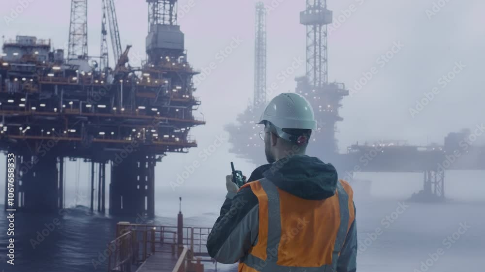 Offshore Oil Worker Observing Industrial Platform In Foggy Ocean Morning Energy Industry