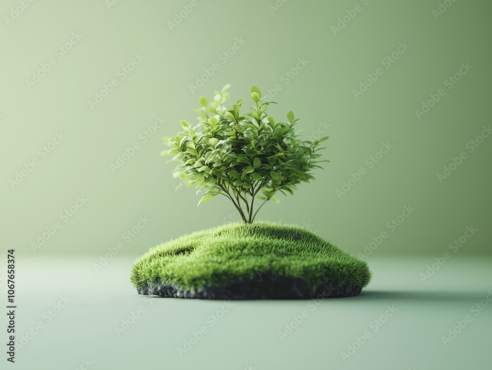 Small plant growing on grassy mound in minimalist green background, symbolizing growth