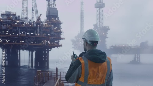 Offshore Oil Worker Observing Industrial Platform In Foggy Ocean Morning Energy Industry