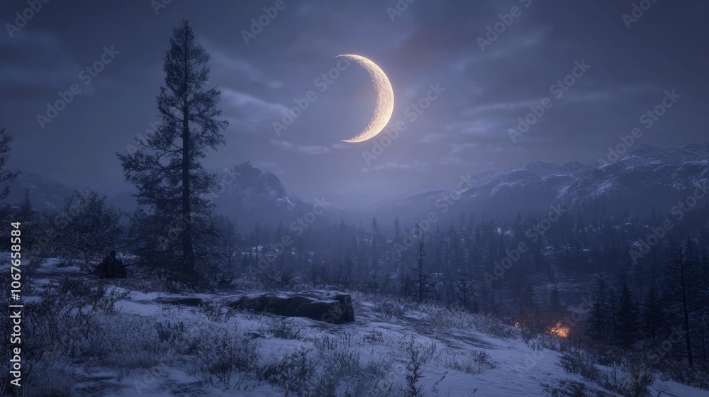 Serene Night with Crescent Moon Over Snowy Landscape Serene Night with Crescent Moon Over Snowy Landscape