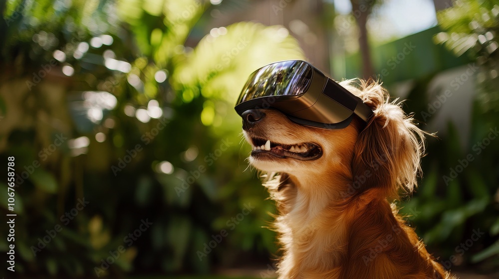 Obraz premium A dog wearing a virtual reality headset is looking at the camera. The dog appears to be enjoying the experience, as it is smiling and has its mouth open
