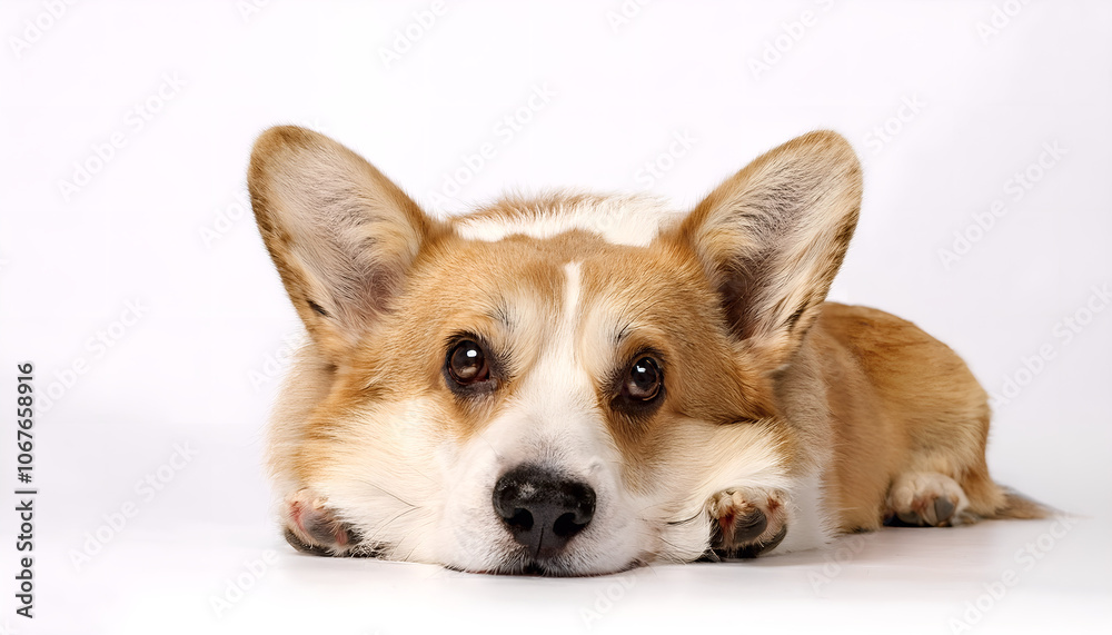 A cute brown and white Corgi dog lying down on a plain white background, exuding calmness and charm. Perfect image for pet lovers and dog-related content