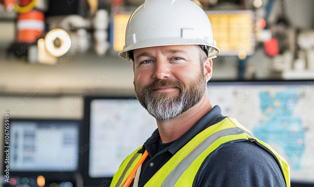 A smiling worker in safety gear stands in an industrial setting.