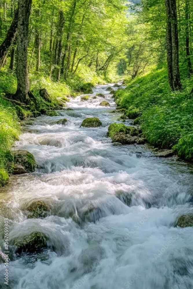 Stream of water flows through a forest, with rocks and trees lining the banks. The water is clear and calm, reflecting the sunlight that filters through the trees. The scene is peaceful and serene Stream of water flows through a forest, with rocks and trees lining the banks. The water is clear and calm, reflecting the sunlight that filters through the trees. The scene is peaceful and serene