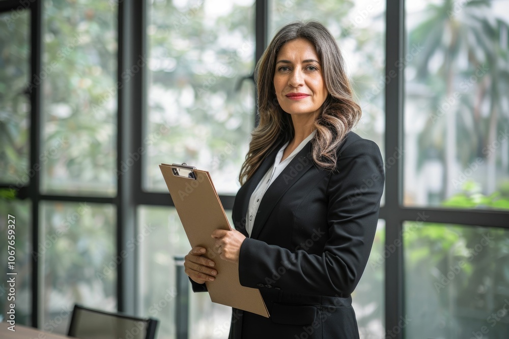 Middle aged Latin female corporate leader in office portrait. Middle aged Latin female corporate leader in office portrait.
