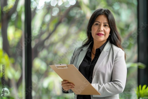 Middle aged Latin female corporate leader in office portrait.