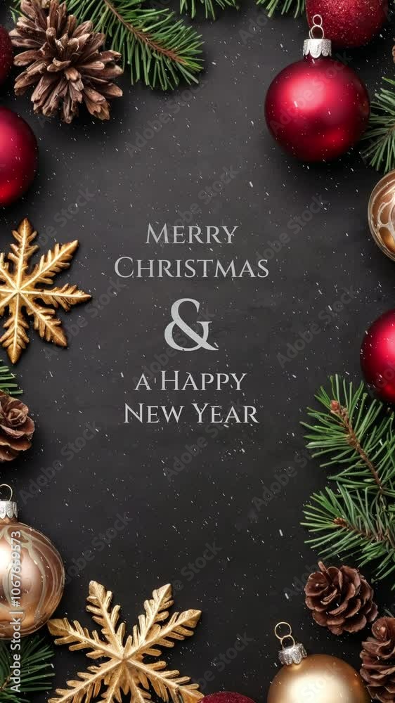 Snowy merry Christmas and a happy new year blackboard animation with copy space.