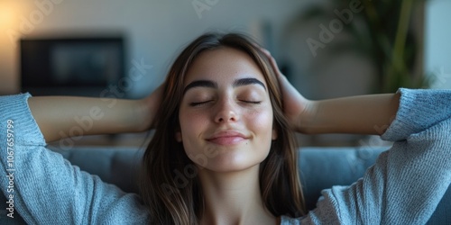 Woman is laying on a couch with her head on her hand. She is smiling and she is relaxed