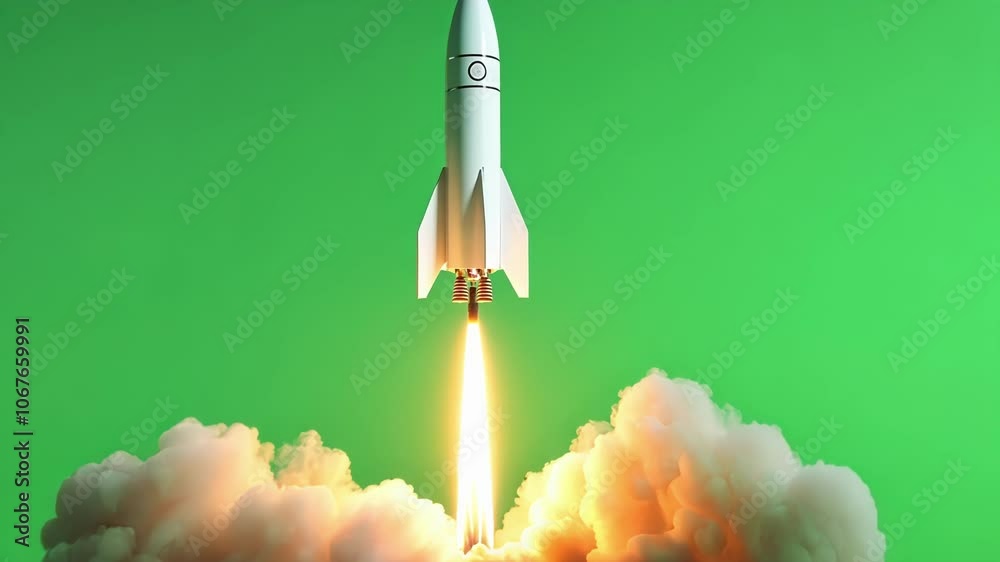 Sleek white rocket ship dramatically launching into space against a vibrant green screen background, symbolizing innovation and ambition