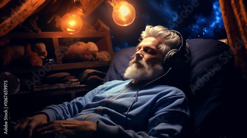 A man with a long white beard wearing headphones and listening to music while relaxing in an attic.