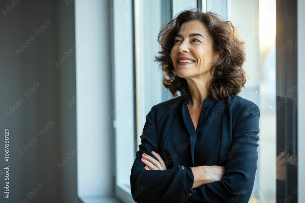 Latin businesswoman daydreaming  happy leader at office window.