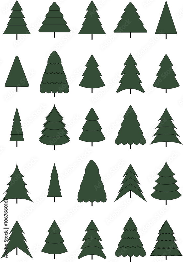 Obraz premium Hand drawn set of Christmas line art trees. New Year illustration. Abstract doodle drawing woods. Merry Christmas vector