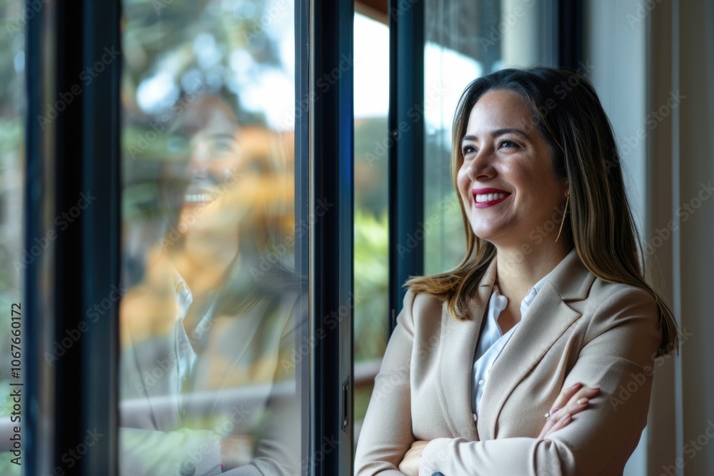Latin businesswoman daydreaming happy leader at office window. Latin businesswoman daydreaming happy leader at office window.
