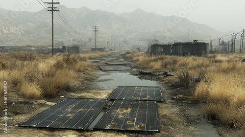 A deserted, dusty road with broken solar panels, leading to a hazy mountain range in the distance. photo