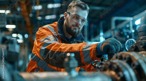 A focused industrial worker in protective gear and safety glasses operates machinery in a factory setting, adjusting controls with precision, reflecting a diligent and safety-conscious approach