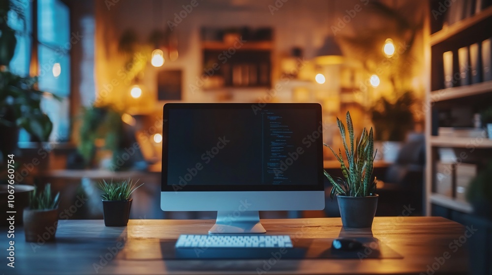 A computer monitor, keyboard, and mouse on a wooden desk in a brightly lit office. A computer monitor, keyboard, and mouse on a wooden desk in a brightly lit office.