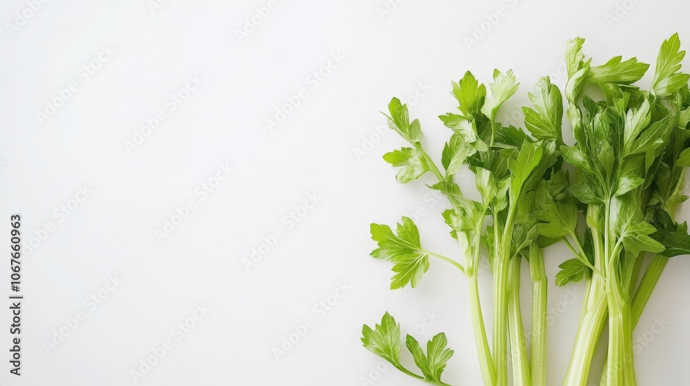 Crisp and vibrant celery stalks are arranged elegantly against a pure white background, highlighting their rich green color and fresh appearance. Ideal for culinary uses Crisp and vibrant celery stalks are arranged elegantly against a pure white background, highlighting their rich green color and fresh appearance. Ideal for culinary uses