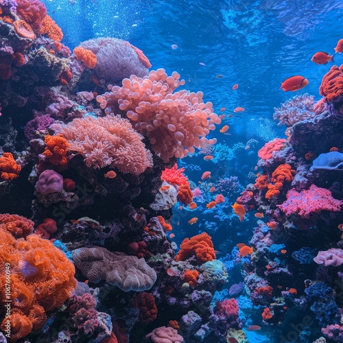 Vibrant underwater scene showcasing coral reefs and colorful marine life.