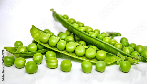A close-up image showcasing vibrant green peas inside their pods, placed on a white background. The fresh and healthy appearance represents natural and organic food options