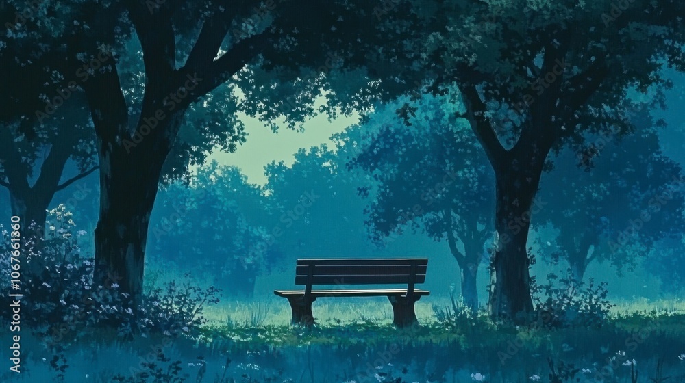 Obraz premium Serene Empty Bench in Lush Green Forest