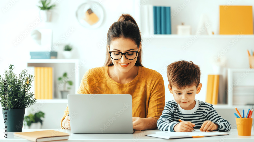 Woman in yellow sweater on laptop, boy writing in notebook at table. Concept of work and study at home.