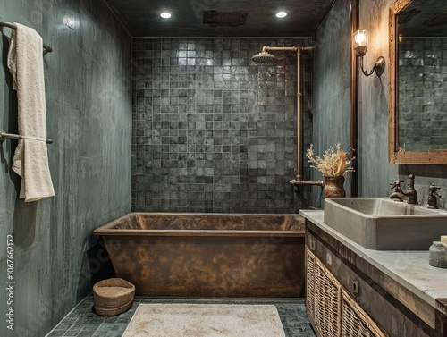 Rustic bathroom with a copper tub, gray tiled walls, and a wooden vanity.