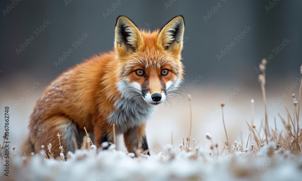 Red fox close up portrait frosty grass winter Red fox close up portrait frosty grass winter