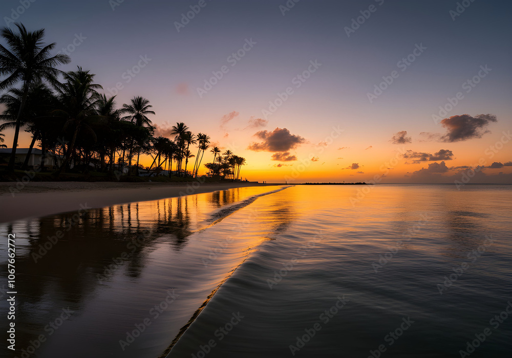 A stunning sunset over a serene beach, with palm trees silhouetted against the vibrant sky, soft waves gently lapping the shore, and a clear reflection of the sky on the calm water. A stunning sunset over a serene beach, with palm trees silhouetted against the vibrant sky, soft waves gently lapping the shore, and a clear reflection of the sky on the calm water.