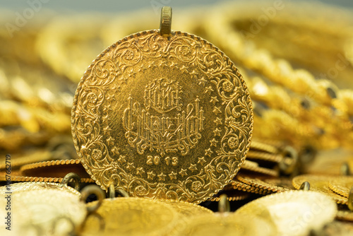 Fototapeta Naklejka Na Ścianę i Meble -  Quarter Gold (Turkish gold) macro detail shooting