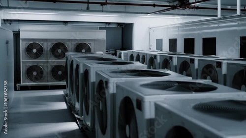 A series of air conditioning units are observed in a cooling facility, busily working to maintain a comfortable environment during the hot summer months